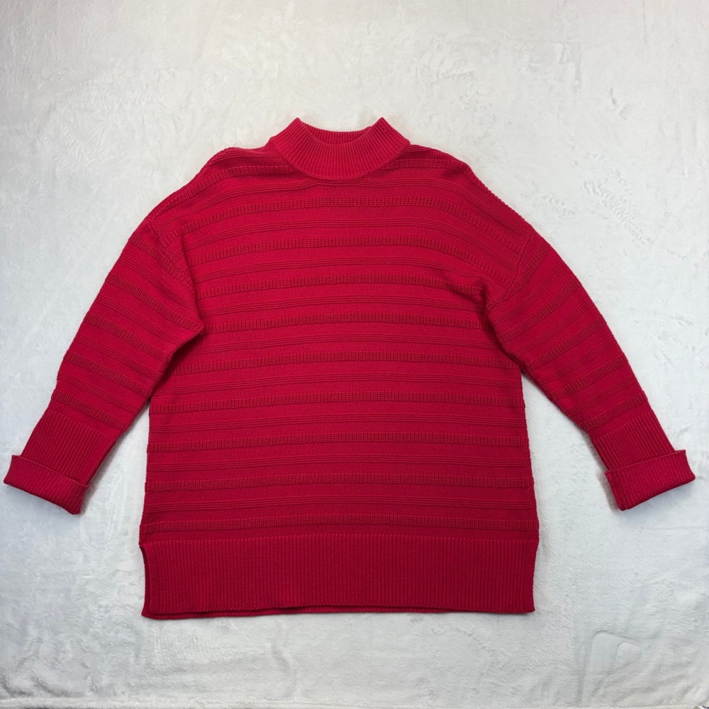 LOFT Red Ribbed Mock Neck Sweater Size L Textured Knit Drop Shoulder Pullover